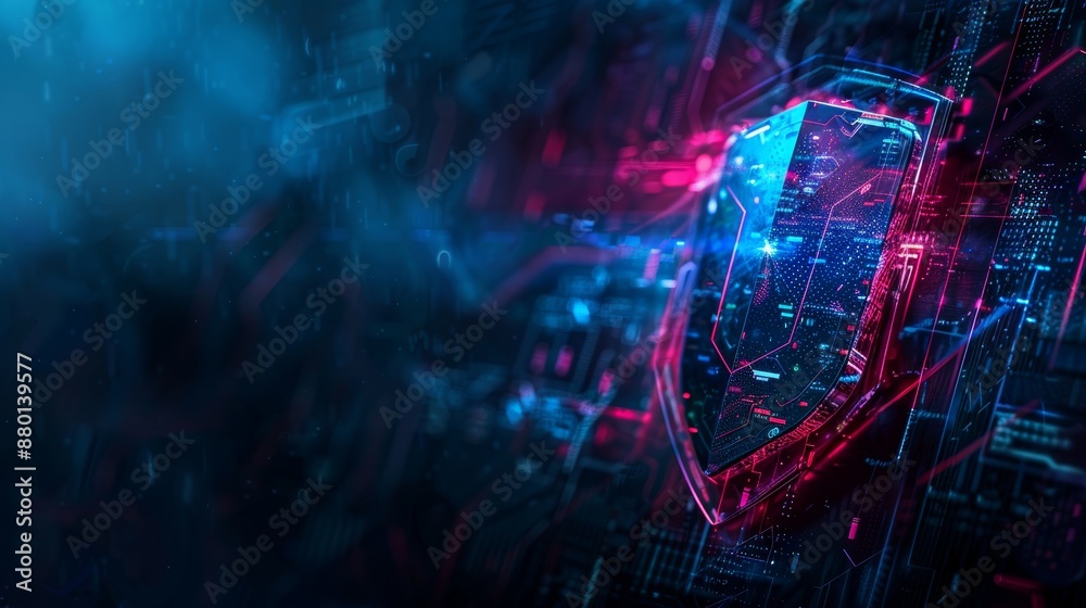 Advanced cybersecurity safeguards protect digital data with encryption and a robust network infrastructure. Text space available for further details.