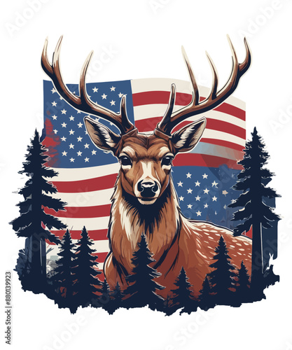 A deer roams the forest with a flag in the background