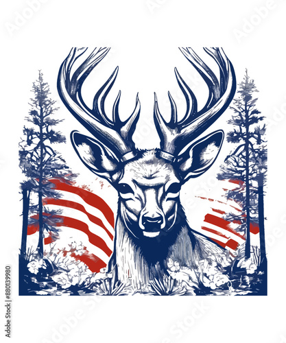 A deer roams the forest with a flag in the background