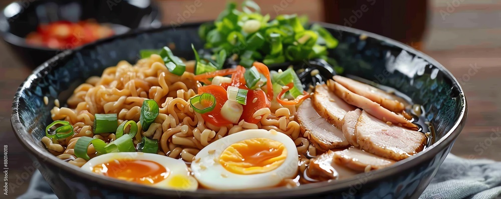 A close-up of a delicious bowl of ramen noodle soup with sliced pork, boiled eggs, and fresh vegetables served in a black bowl. A close-up of a delicious bowl of ramen noodle soup with sliced pork, boiled eggs, and fresh vegetables served in a black bowl.