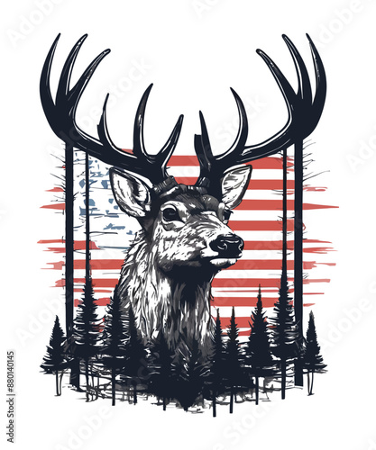 A deer roams the forest with a flag in the background