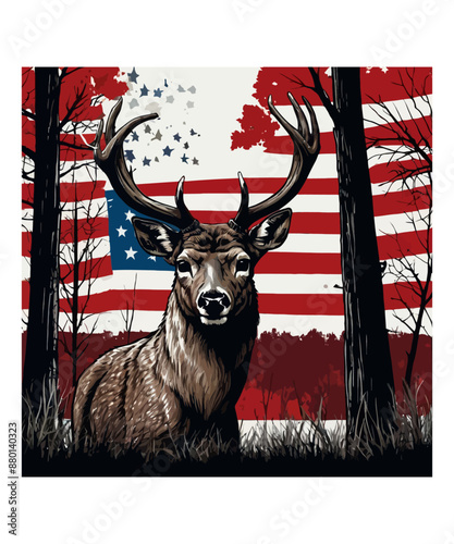 A deer roams the forest with a flag in the background