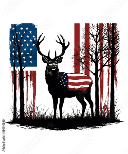 A deer roams the forest with a flag in the background