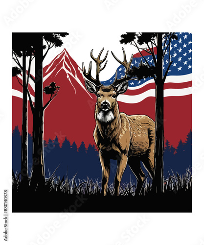 A deer roams the forest with a flag in the background