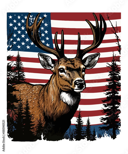 A deer roams the forest with a flag in the background