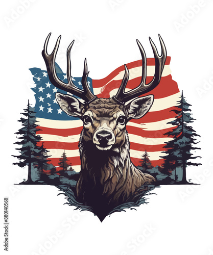 A deer roams the forest with a flag in the background