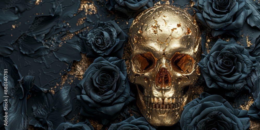 Golden Skull Amidst Dark Blooms: An Eerie and Darkly Elegant Still Life Golden Skull Amidst Dark Blooms: An Eerie and Darkly Elegant Still Life
