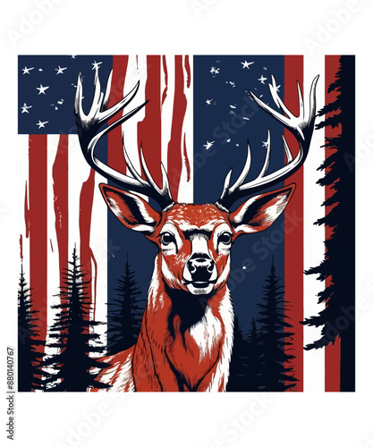 A deer roams the forest with a flag in the background