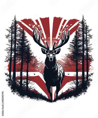 A deer roams the forest with a flag in the background