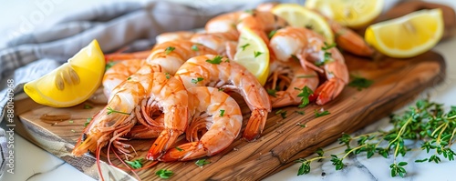 Panel kuchenny z motywem Delicious cooked shrimp with lemon slices on wooden board, garnished with herbs. Perfect for seafood and culinary themes.