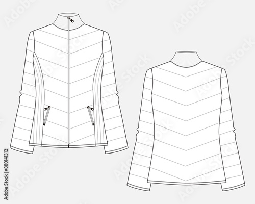 Winter puffer jacket technical drawing fashion flat sketch vector illustration template for women's. Warm clothing design mock up cad front and back views