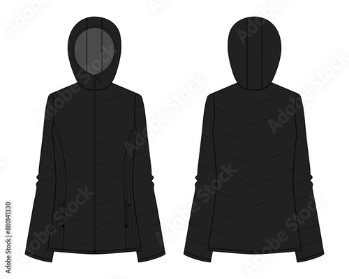 Winter puffer jacket long sleeve hoodie technical drawing fashion flat sketch vector illustration black color template for women's. Warm clothing design mock up cad front and back views