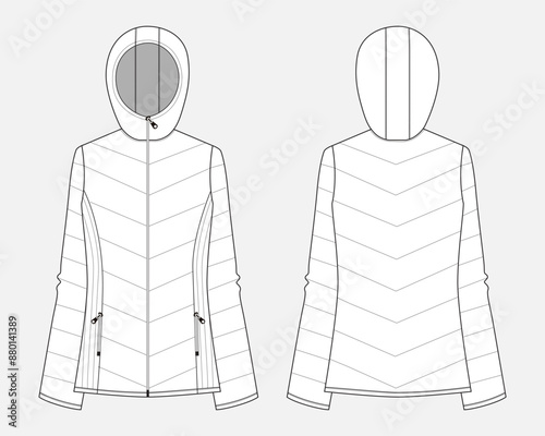 Winter puffer jacket long sleeve hoodie technical drawing fashion flat sketch vector illustration template for women's. Warm clothing design mock up cad front and back views.