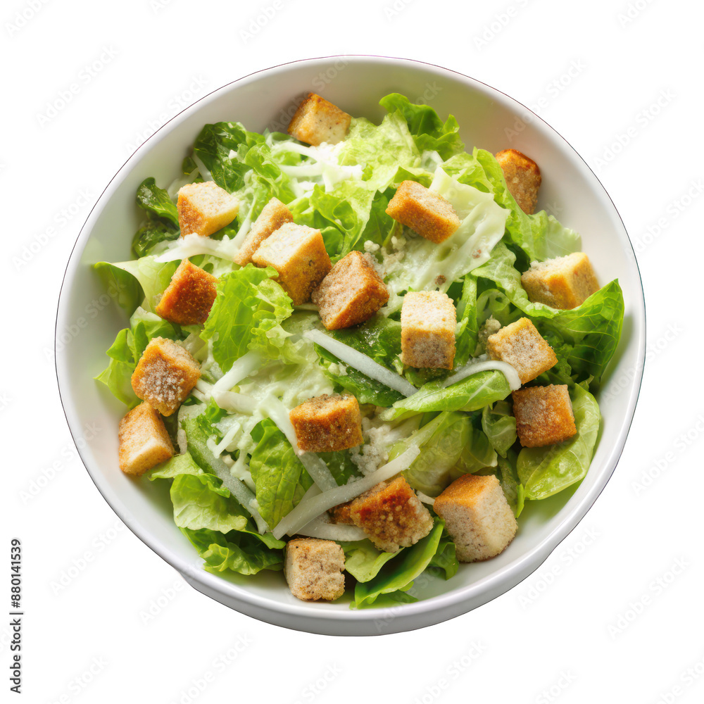 Caesar salad on white bowl top view isolated on transparent background