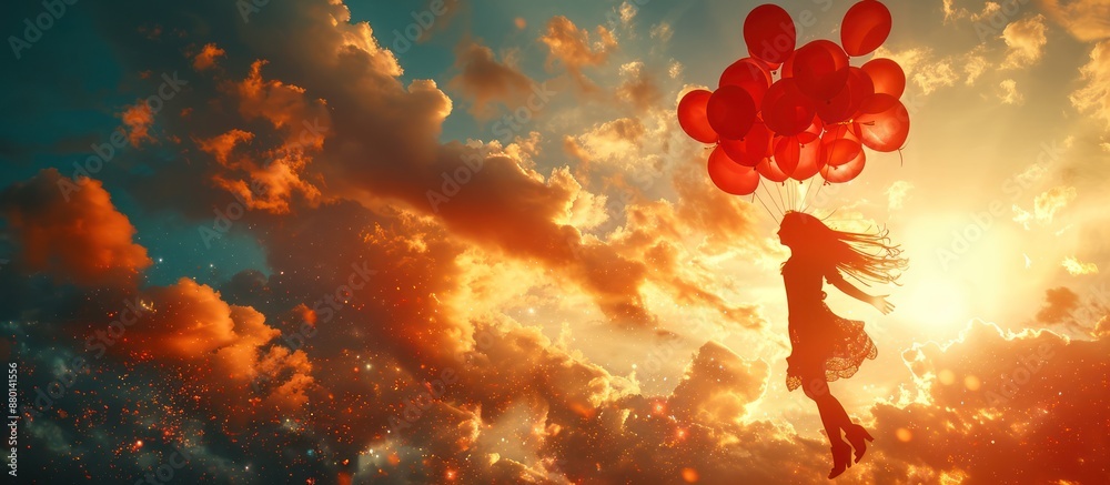 Fototapeta premium Silhouette of happy woman flying in the sky lifted by a bunch of helium balloons