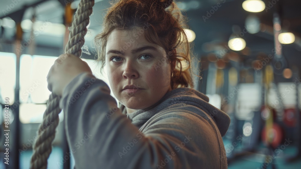 Obraz premium Young fat woman in bright and fashionable gym A woman uses a rope to alternating waves. 