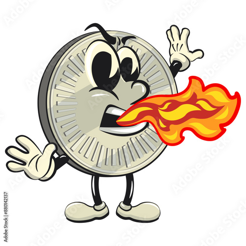 character of a coin money cartoon vector isolated clip art mascot illustration spitting out spicy fire, work of hand drawn