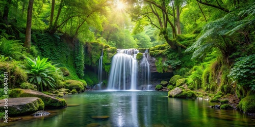 Small tranquil waterfall surrounded by lush green trees in a peaceful forest setting, waterfall, trees, forest, nature