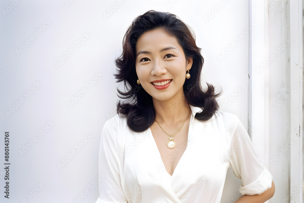 A woman wearing a white shirt and necklace is smiling A woman wearing a white shirt and necklace is smiling