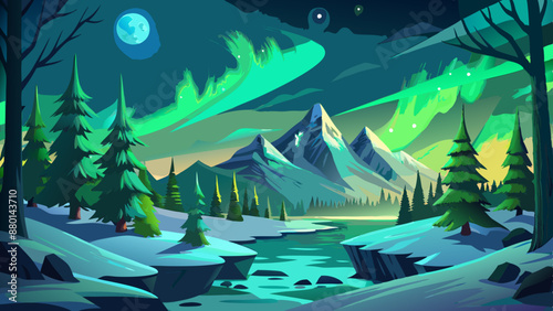 aurora borealis above the frozen forest landscapes background  