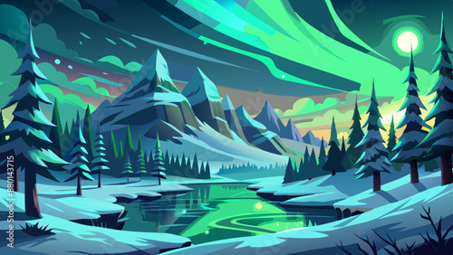 aurora borealis above the frozen forest landscapes background  