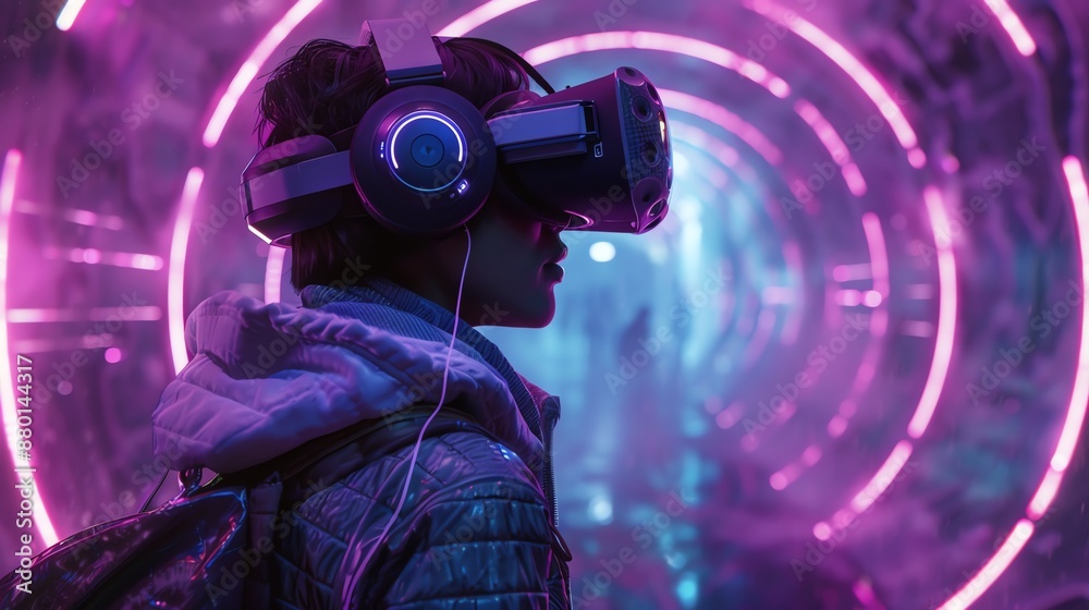 Person wearing VR headset in a neon tunnel. Person wearing VR headset in a neon tunnel.