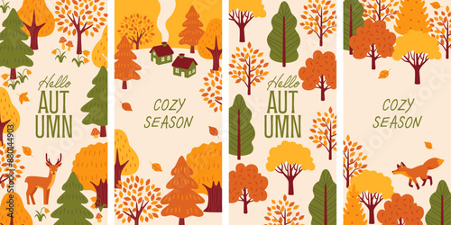 Cozy Autumn Landscape: Cute Houses and Woodland Animals Vector