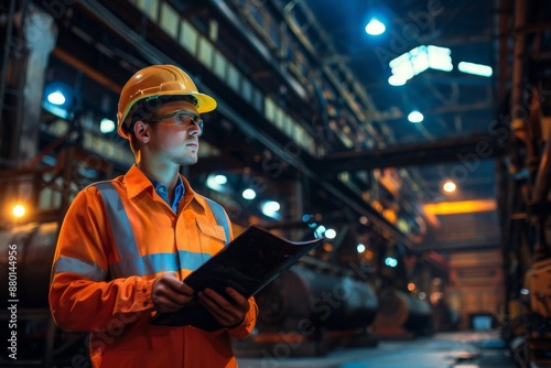 Industrial Worker Reviewing Plans in a Factory