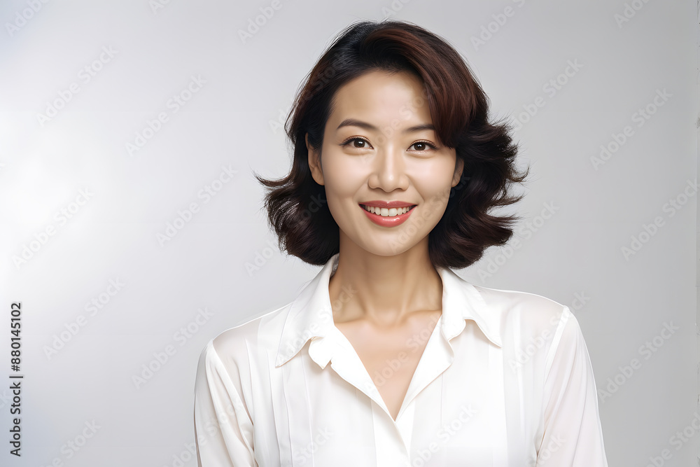 A woman with short hair and a white shirt is smiling A woman with short hair and a white shirt is smiling