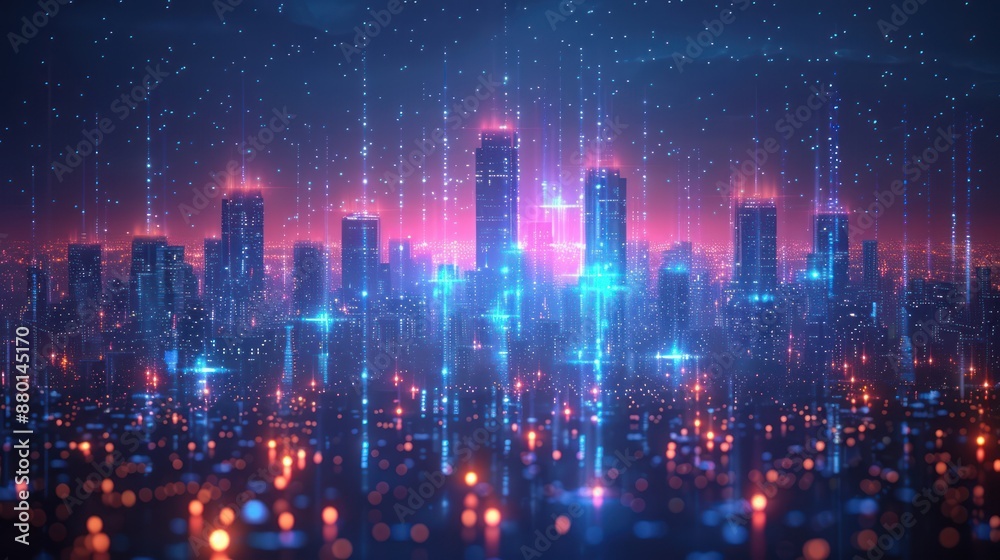 Obraz premium Digital Cityscape: A Futuristic Metropolis Illuminated by Neon Lights