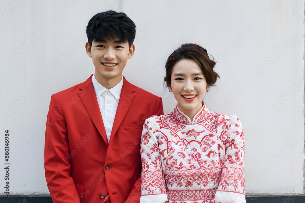 A young man and woman are posing for a picture in red and white A young man and woman are posing for a picture in red and white