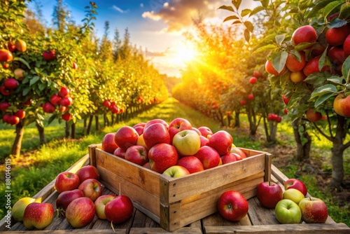 A vibrant apple orchard scene: ripe apples, colorful and shiny, under sunlight amid green trees and gentle shadows.