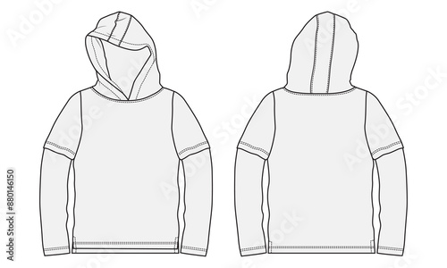 Long sleeve hoodie technical drawing fashion flat sketch vector illustration template front and back views. Apparel clothing design mock up cad 