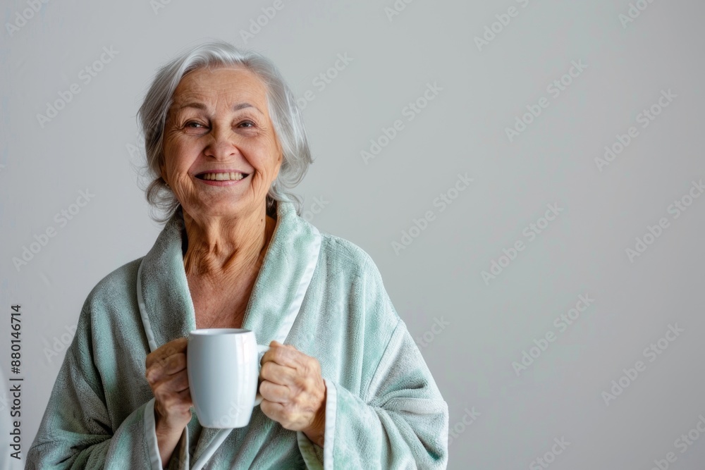 Portrait of smiling senior woman in a bathrobe holding a coffee cup, with empty space. People and lifestyle concept. Portrait of smiling senior woman in a bathrobe holding a coffee cup, with empty space. People and lifestyle concept.