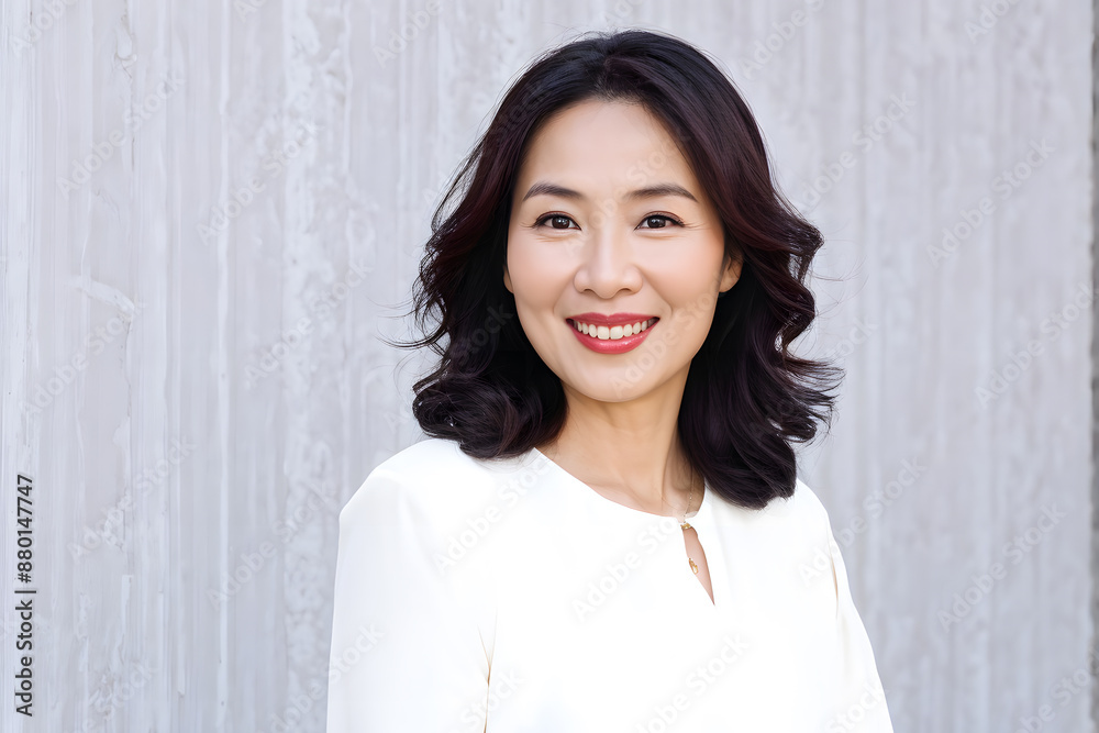 A woman with long hair and a white shirt is smiling
