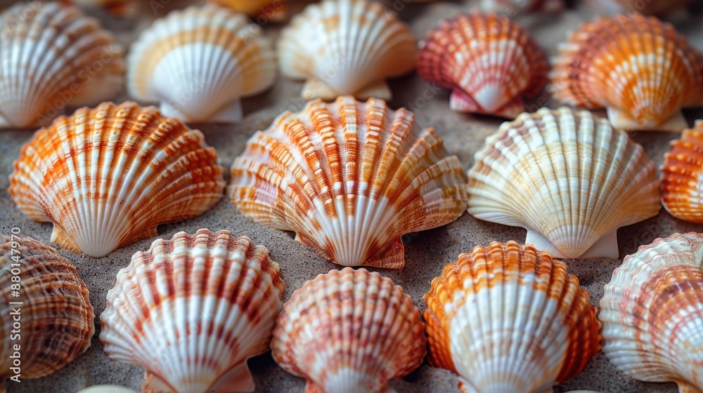 A close-up photograph of a variety of seashells on sand. A close-up photograph of a variety of seashells on sand.