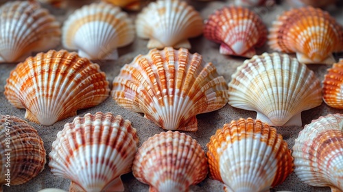 A close-up photograph of a variety of seashells on sand.