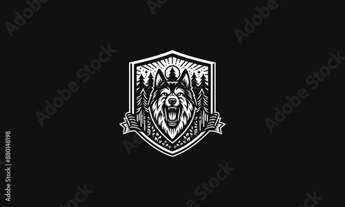 head wolf roar on shield vector logo design