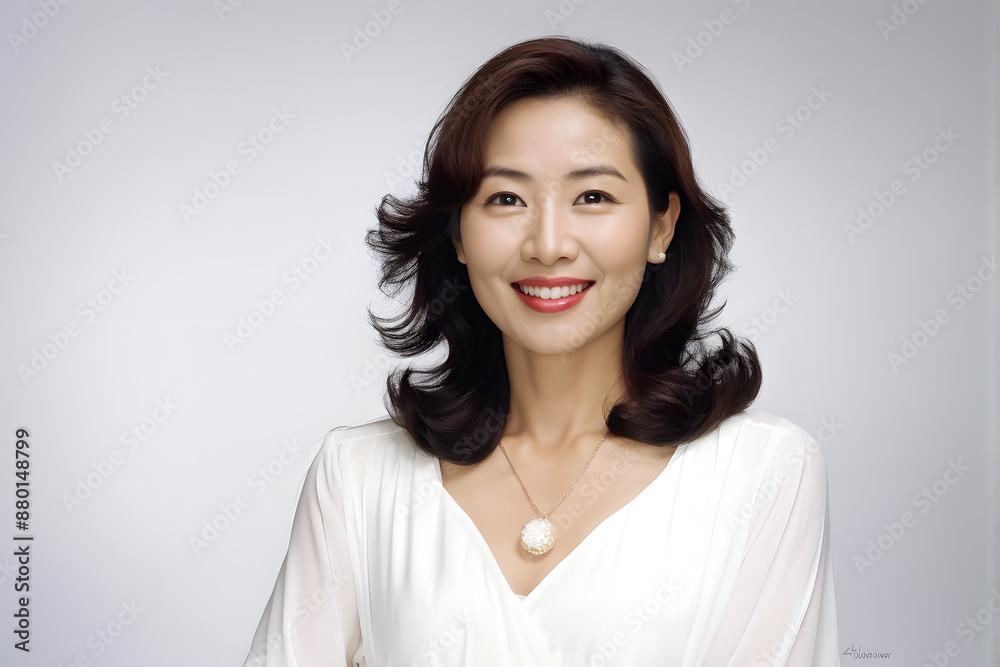 A woman with long hair and a pearl necklace is smiling A woman with long hair and a pearl necklace is smiling