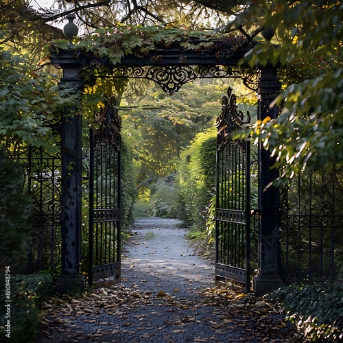 Fototapeta Naklejka Na Ścianę i Meble -  Arbor and gate in a garden with wooden archway in the park, close up