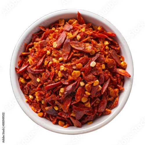 Chilli flakes on white bowl top view isolated on transparent background