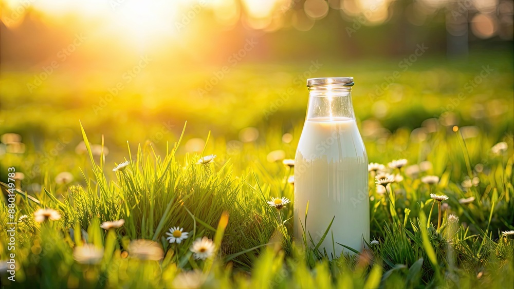 Fresh milk bottle placed on a sunlit summer meadow, eco friendly concept, fresh, milk, bottle, sunlit, meadow, eco friendly, concept Fresh milk bottle placed on a sunlit summer meadow, eco friendly concept, fresh, milk, bottle, sunlit, meadow, eco friendly, concept
