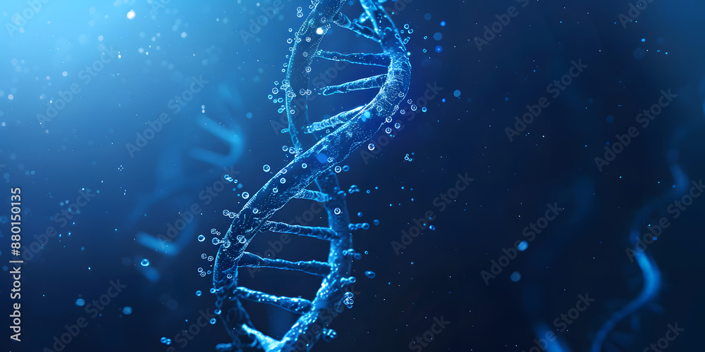 Obraz premium Molécula de DNA de dupla hélice com fundo azul brilhante