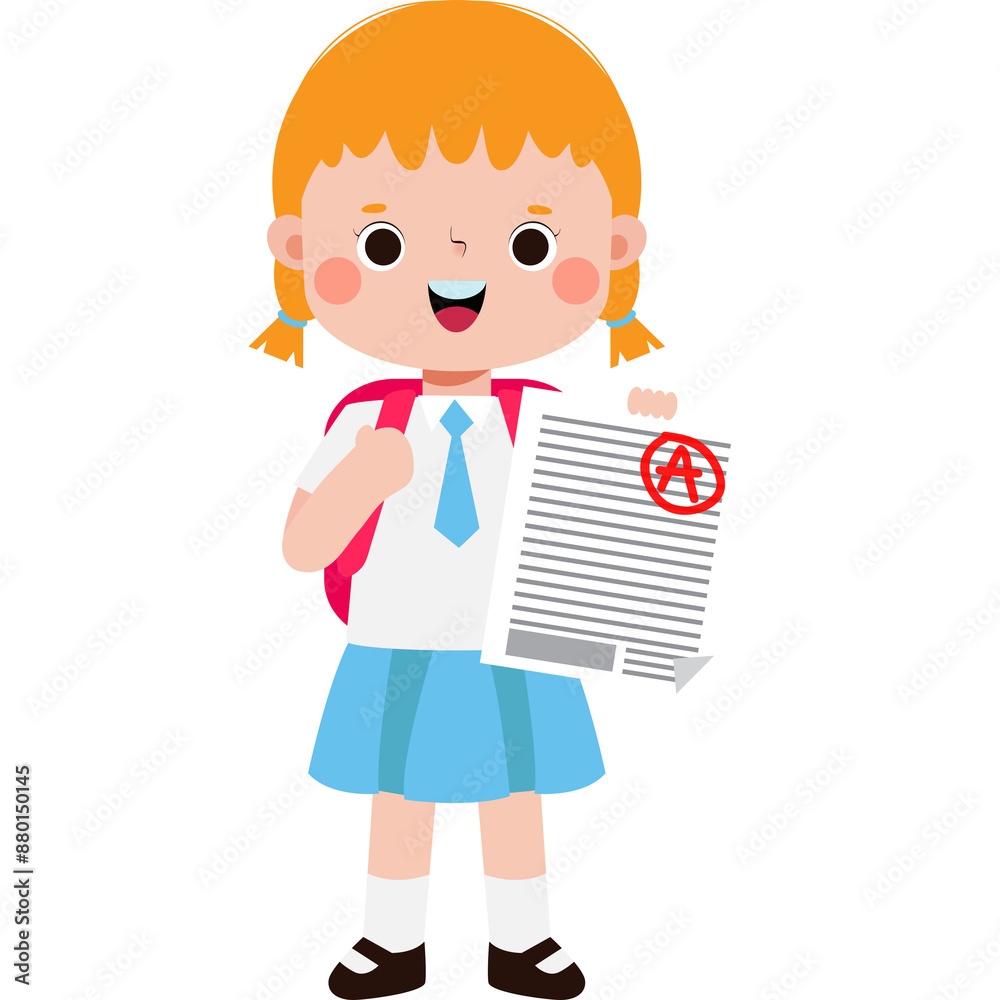 Happy student is showing grade from exam, cute cartoon character illustration flat style Happy student is showing grade from exam, cute cartoon character illustration flat style