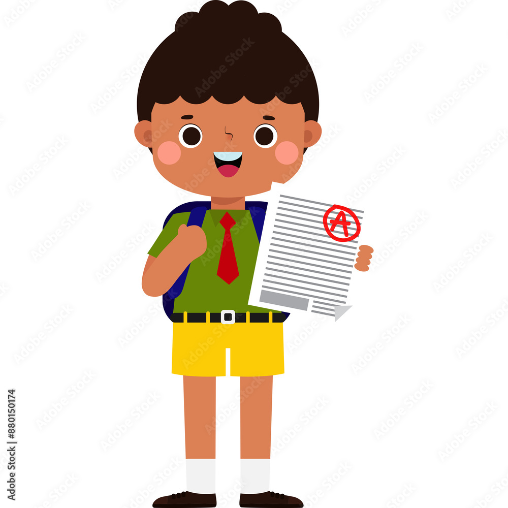 Happy student is showing grade from exam, cute cartoon character illustration flat style Happy student is showing grade from exam, cute cartoon character illustration flat style