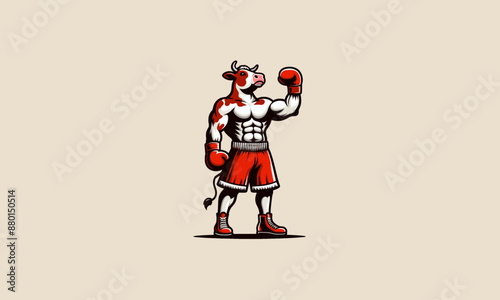 cow wearing gloves boxing red and pant vector mascot design