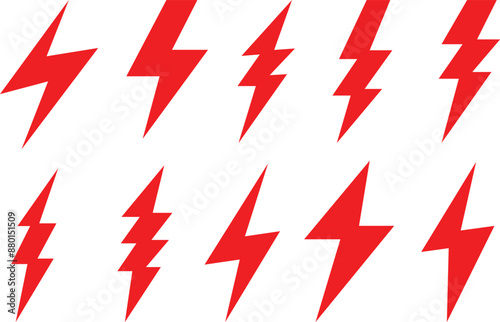 set of red lightning bolt, electric thunderbolt, lightning strike, dangerous symbol element vector illustration.