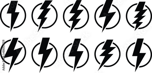 set of lightning bolt circle, electric thunderbolt, lightning strike, dangerous symbol element vector illustration.