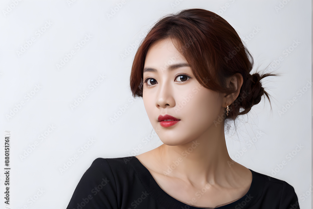 A woman with red lipstick and a bun in her hair