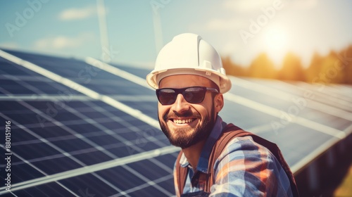 Cheerful male engineer with safety helmet, solar panels background, 